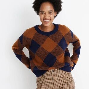 Madewell Orange and Navy Checkered Sweater